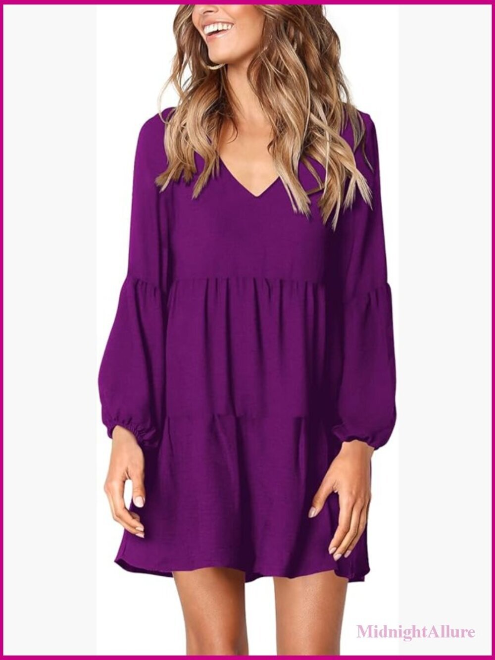 Long Sleeve V Neck Casual Loose Flowy Swing Shift Dress